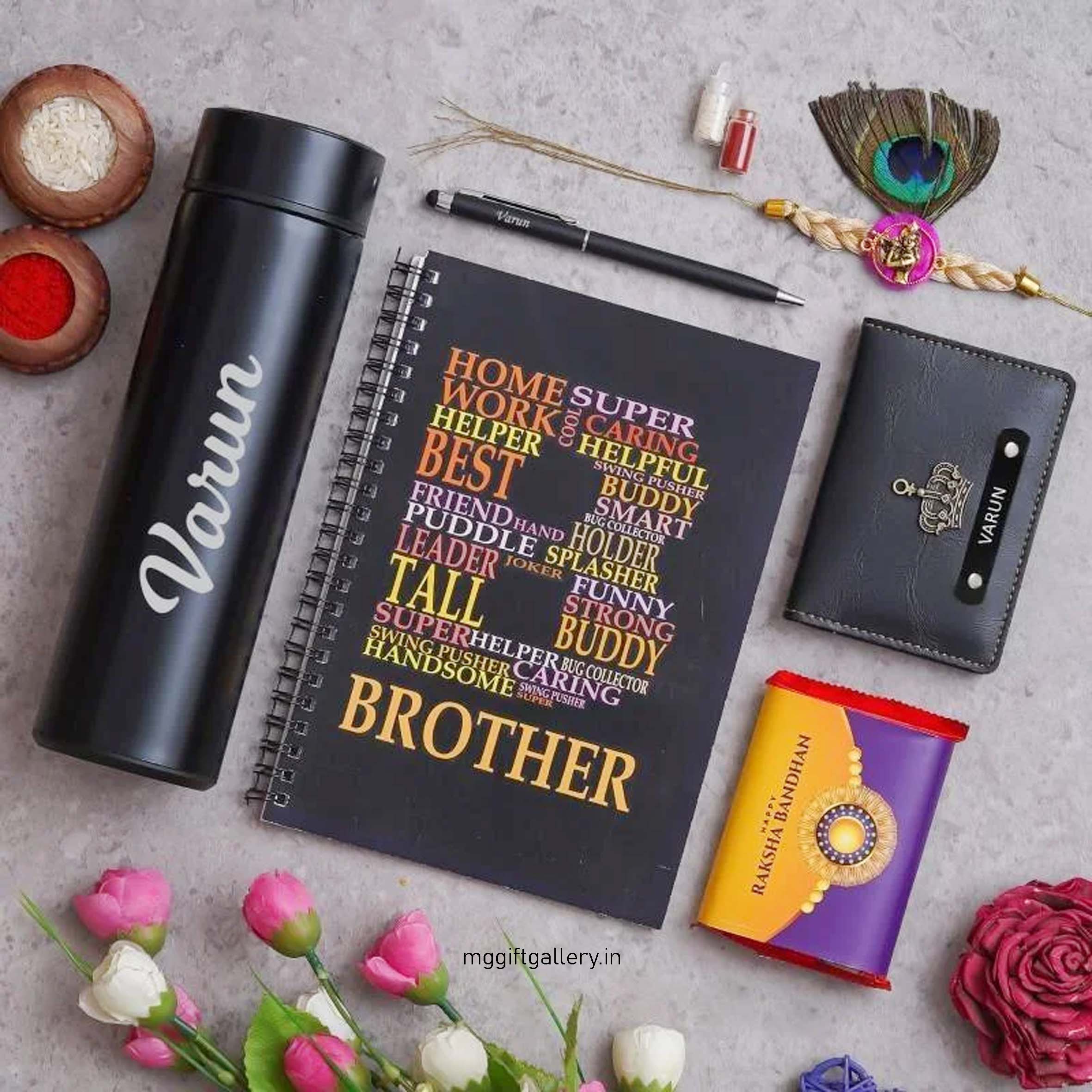 Personalized Rakhi Gift Set – Temperature Bottle, Diary, Rakhi, Card Holder, KitKat, and Pen