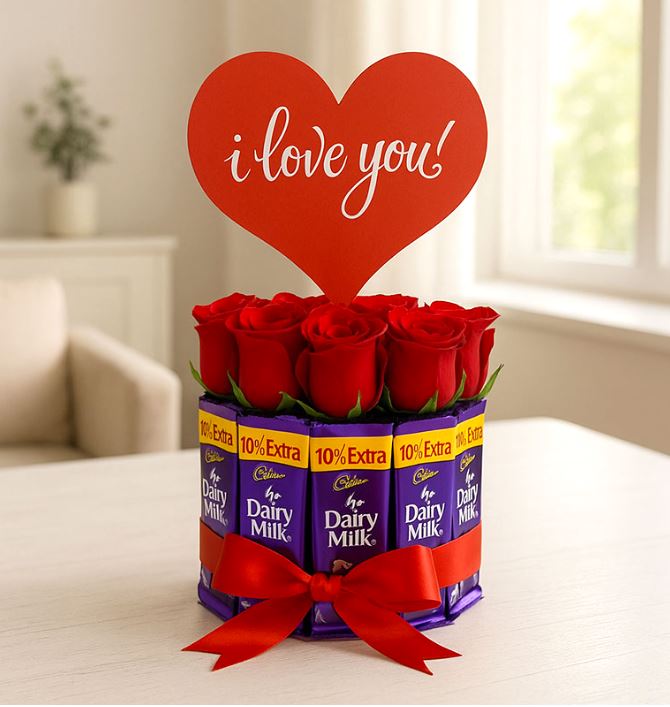 Red Roses And Dairy Milk Arrangement