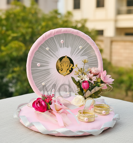 Light Pink Ring Platter with Detachable Ring Boxes & Artificial Flowers | Engagement & Ring Ceremony Tray