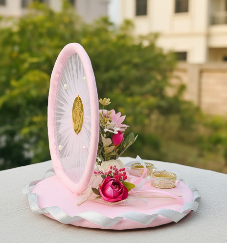 Light Pink Ring Platter with Detachable Ring Boxes & Artificial Flowers | Engagement & Ring Ceremony Tray