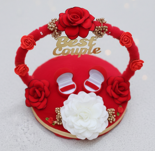 Red Ring Platter with Detachable Ring Boxes & Artificial Flowers | Engagement & Ring Ceremony Tray