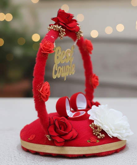 Red Ring Platter with Detachable Ring Boxes & Artificial Flowers | Engagement & Ring Ceremony Tray
