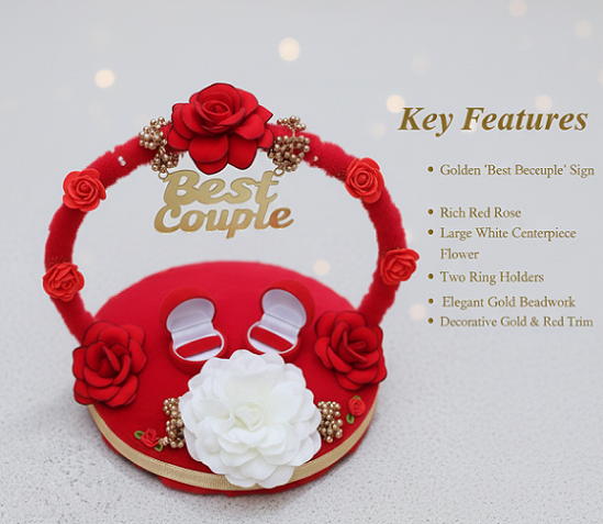 Red Ring Platter with Detachable Ring Boxes & Artificial Flowers | Engagement & Ring Ceremony Tray