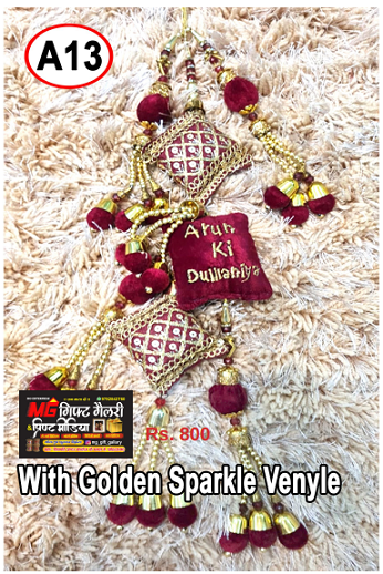 Personalized Velvet Bridal Latkan/Dangler with Golden Sparkle Text