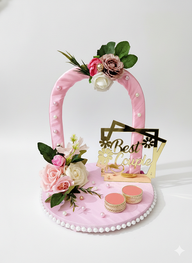 "Best Couple" Golden Mirror Platter with Pink Handle and Floral Decor