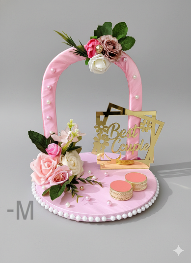 "Best Couple" Golden Mirror Platter with Pink Handle and Floral Decor