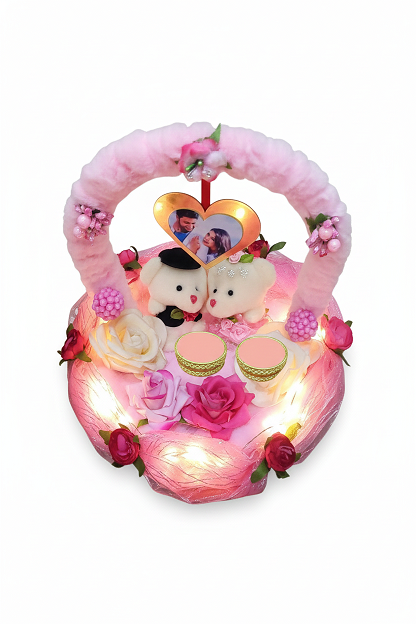 Romantic LED Lighted Engagement Ring Basket with Couple Dolls & Photo Frame