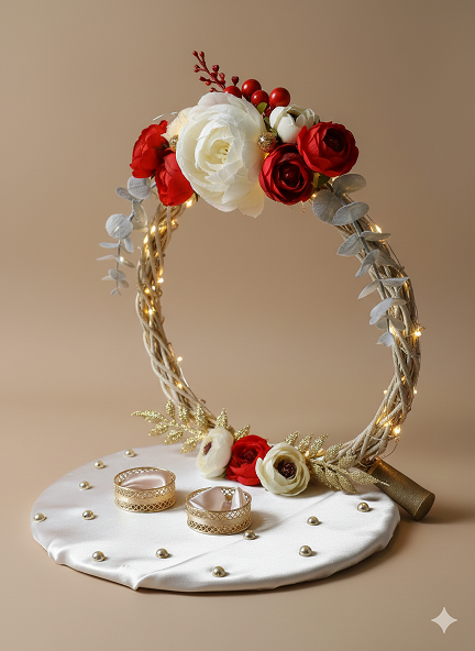 Rustic Twig Arch Ring Ceremony Platter with Red & White Roses