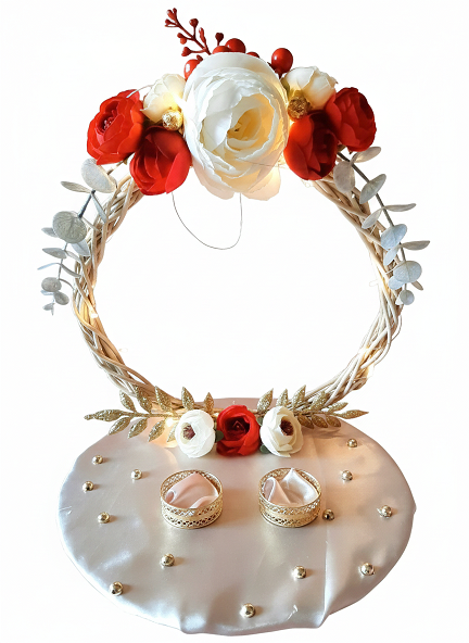 Rustic Twig Arch Ring Ceremony Platter with Red & White Roses