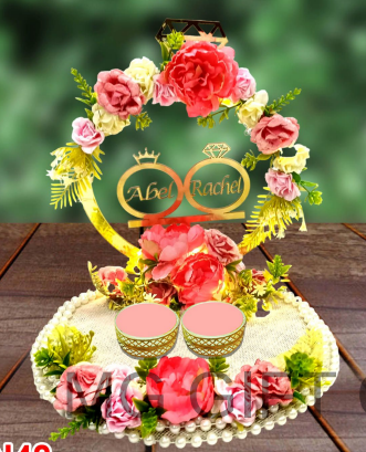 Luxury Gold Crown & Diamond Ring Tray with Pink Floral Arch