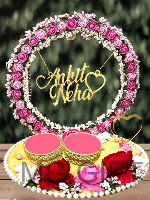 Personalized "Anshu & Navendu" Floral Ring Platter with LED Lights