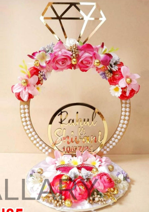 Personalized Golden Floral Frame Engagement Ring Platter on Wooden Base