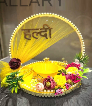 Luxury Floral Haldi Tray with Hindi Cutout & Application Sticks