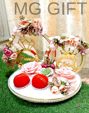 Personalized Rustic Jute & Gold Ring Platter with Teddy Bear Couple