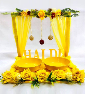Luxury Haldi Ceremony Platter with Yellow Curtains & Backdrop