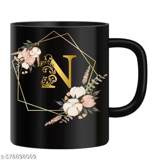 Luxury Black Tea Cup with Floral & Gold Initial Design
