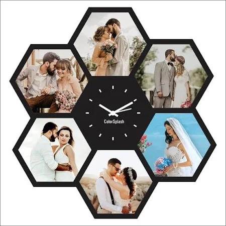 ColorSplash Hexagonal 6-Photo Personalized Mosaic Wall Clock