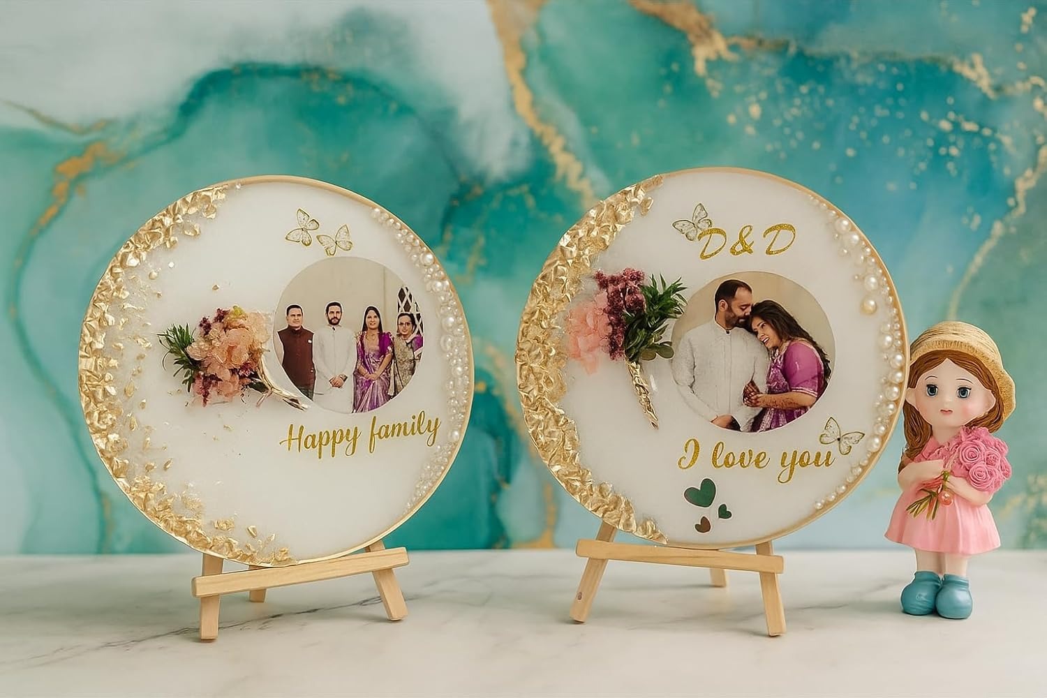 Customizable Resin Photo Frame with Name & Date | Personalized Handmade Resin Art Gift for Couples | Dried Flower Memory Keepsake for Any Occasion  2 pc set