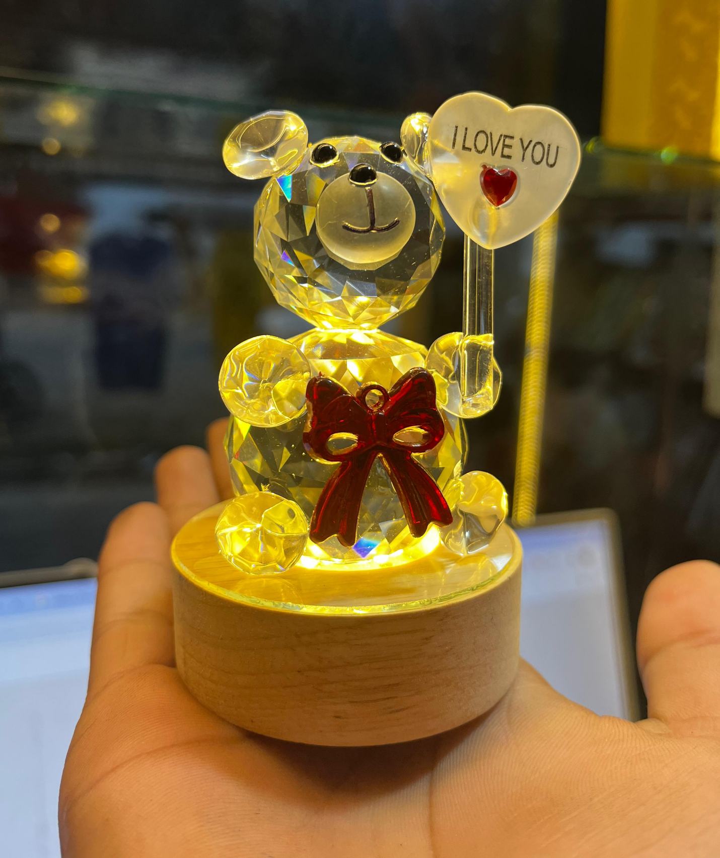 3D Teddy Bear Crystal Ball LED Lamp Light with Wooden Base | Home Décor & Gift