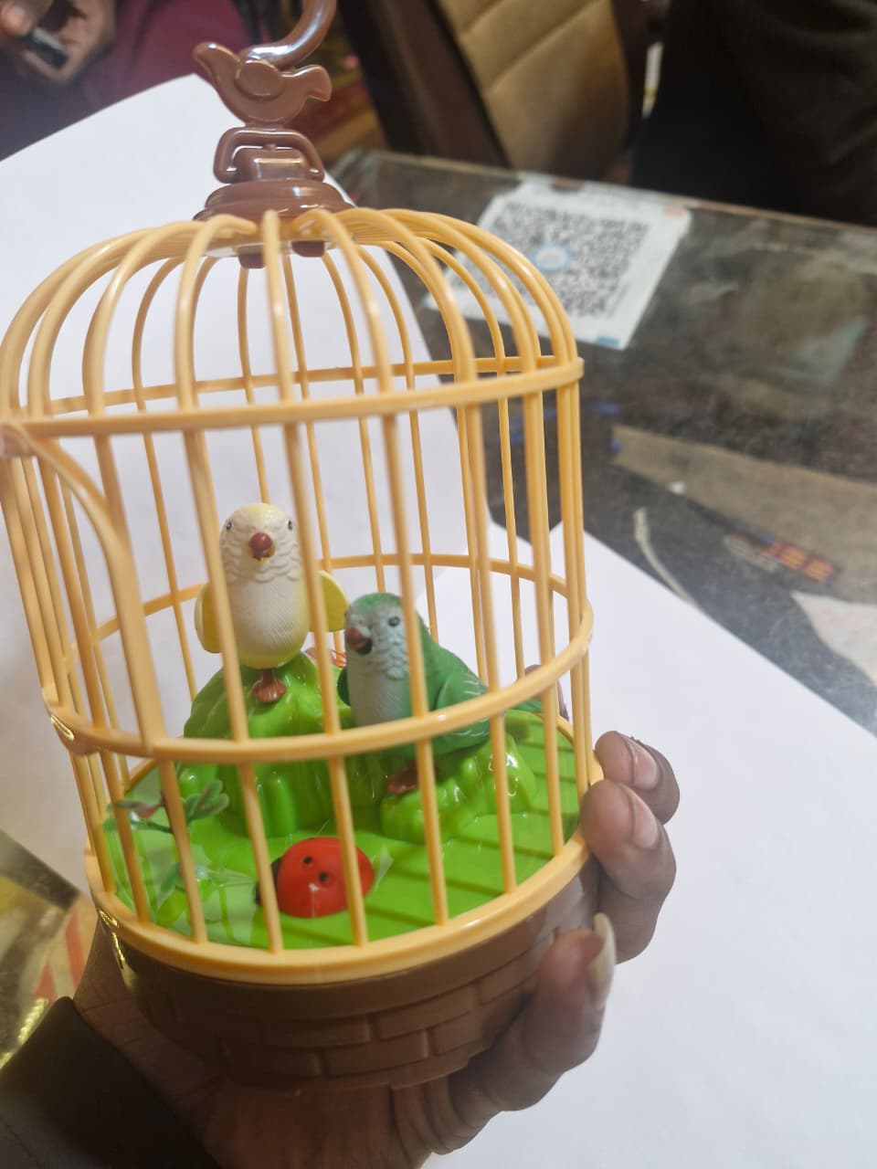 Sound Activated Chirping Bird in Hanging Cage - Beautiful Pinjra Bird Toy for Kids with LED Light- Clap to See The Moving Beak and Flapping Wings - Color and Design As Per Stock