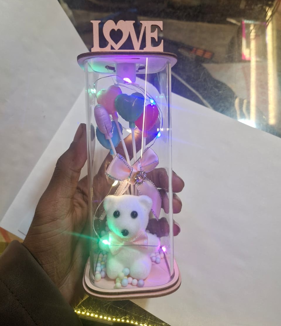 Teddy Bear & Heart Balloons LED Lamp with Wooden "LOVE" Topper