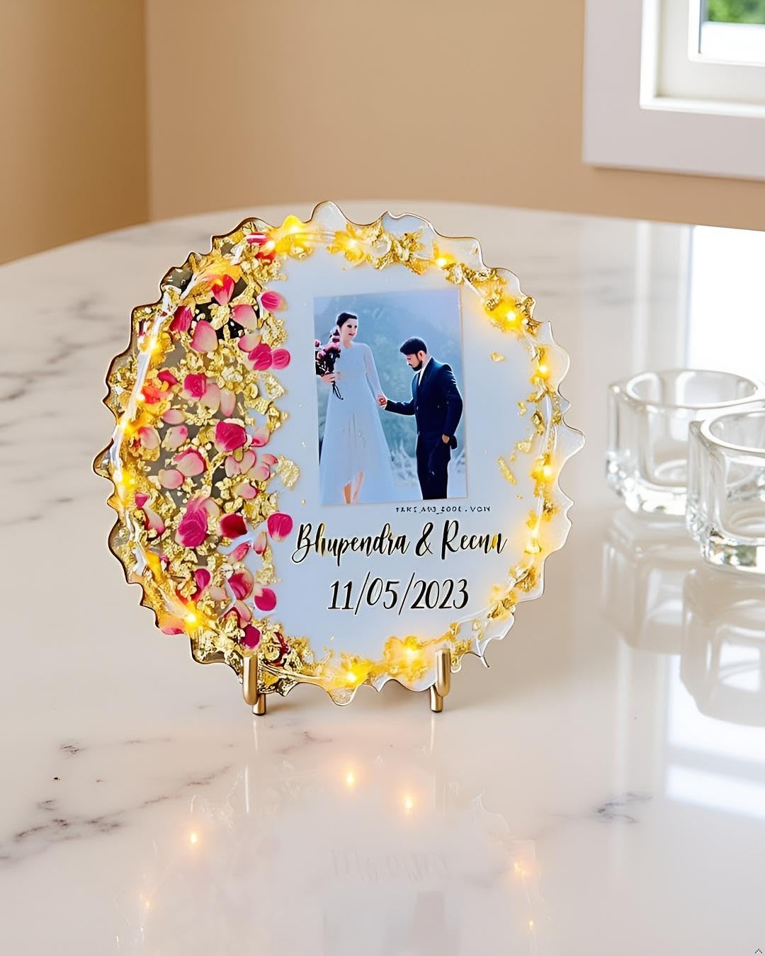 Customizable Resin Photo Frame with Name & Date | Personalized Handmade Resin Art Gift for Couples | Dried Flower Memory Keepsake for Any Occasion – Wedding, Anniversary, Birthday – (WHITE, 12IN)