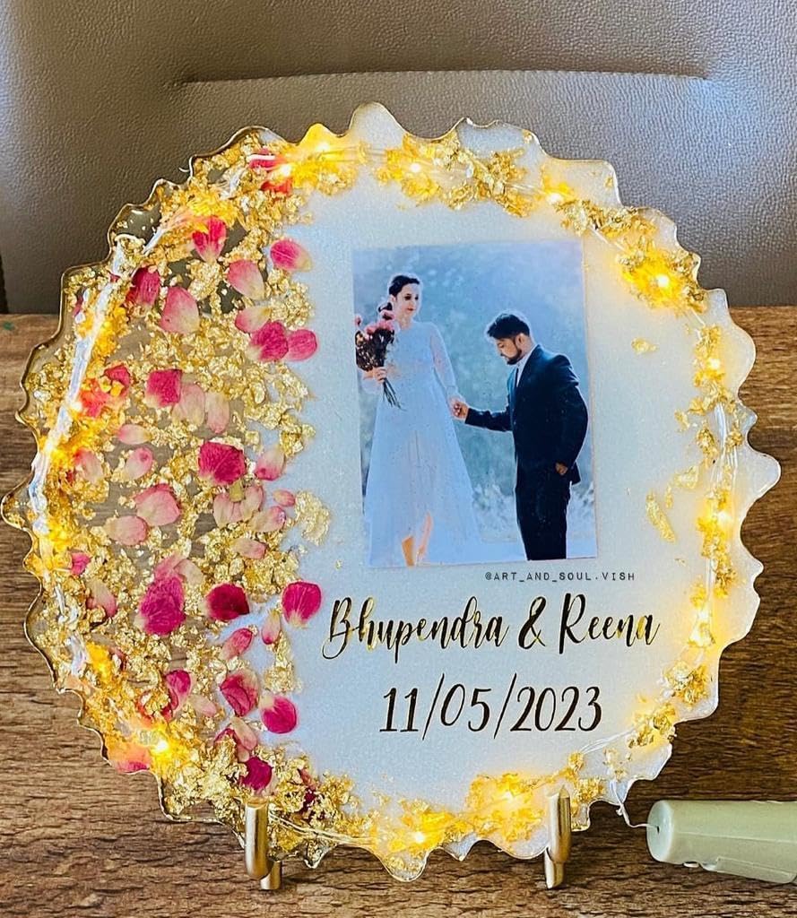 Customizable Resin Photo Frame with Name & Date | Personalized Handmade Resin Art Gift for Couples | Dried Flower Memory Keepsake for Any Occasion – Wedding, Anniversary, Birthday – (WHITE, 12IN)