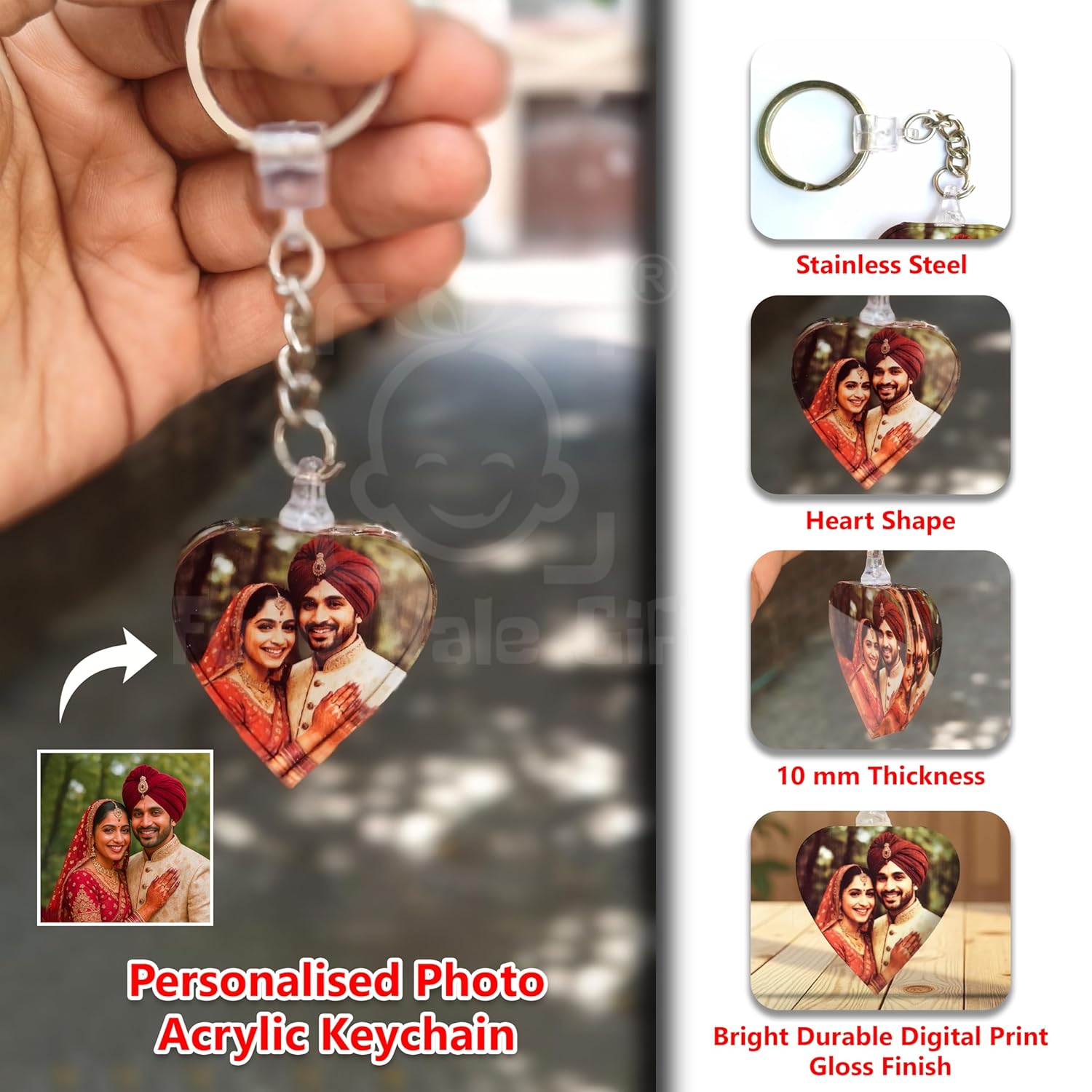 Custom Heart-Shaped Photo Keychain, Crystal-Like Acrylic, 10mm Thick, Stainless Steel Ring, Digitally Printed