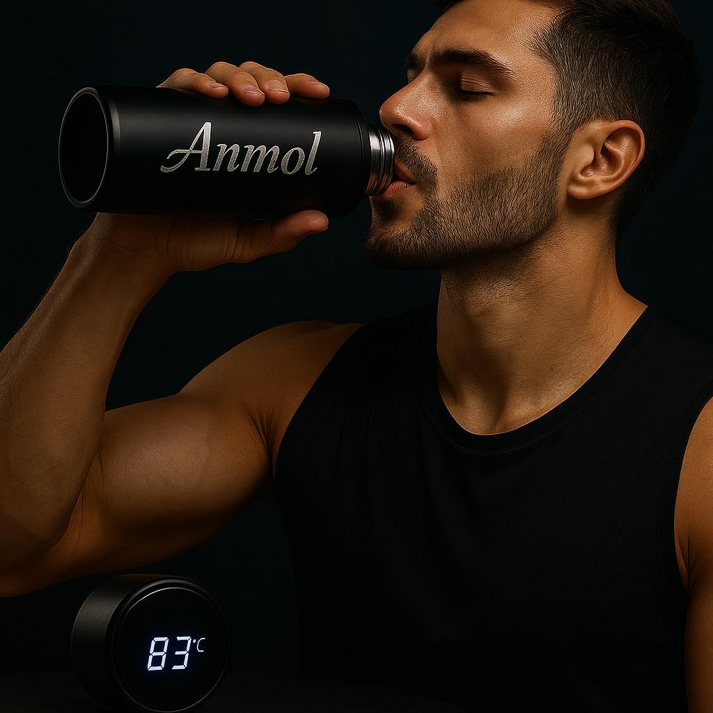 Customized/Personalized Stainless Steel Water Bottle with Smart LCD Touch Screen, Keep Cold 500 ml (Matte Black)