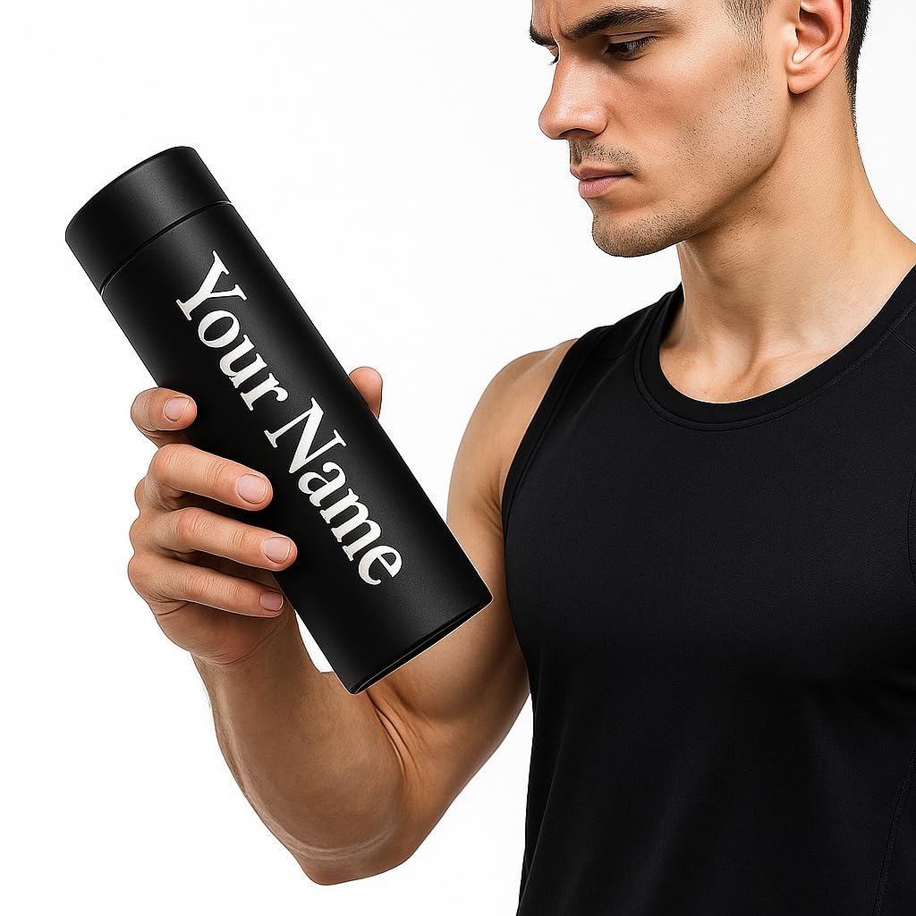 Customized/Personalized Stainless Steel Water Bottle with Smart LCD Touch Screen, Keep Cold 500 ml (Matte Black)